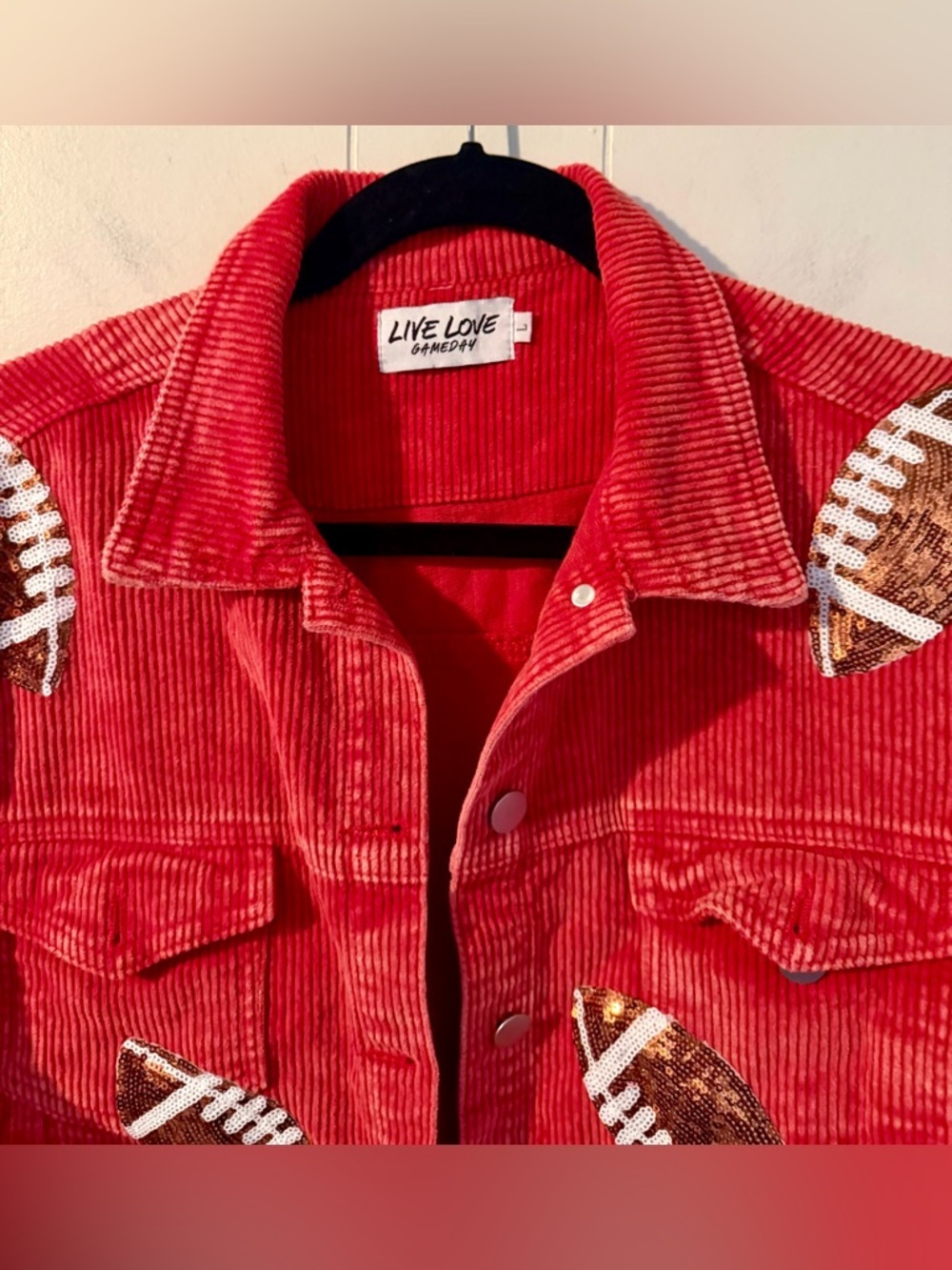 Live Love Gameday Red Corduroy Jacket with Sequin Footballs, Size L - Picture 2 of 6